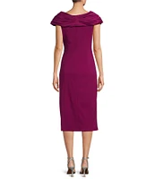 Marina Boat Cowl Neck Cap Sleeve Taffeta Sheath Midi Dress