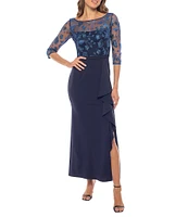 Marina Boat Neck 3/4 Sleeve Embroidered Bodice Sheath Gown