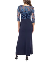 Marina Boat Neck 3/4 Sleeve Embroidered Bodice Sheath Gown
