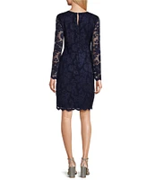 Marina Boat Neck Long Illusion Sleeve Scalloped Lace Dress