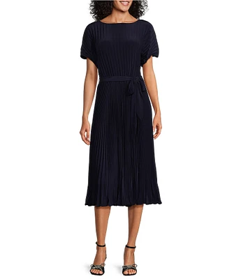 Marina Boat Neck Short Sleeve Pleated Tie Waist Midi Dress