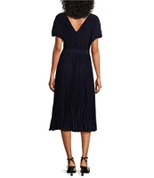 Marina Boat Neck Short Sleeve Pleated Tie Waist Midi Dress