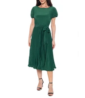 Marina Boat Neck Short Sleeve Pleated Tie Waist Midi Dress