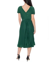 Marina Boat Neck Short Sleeve Pleated Tie Waist Midi Dress