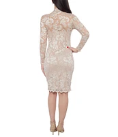 Marina Chiffon Scallop Lace V-Neck Long Sleeve Sheath Dress