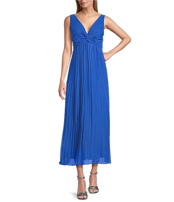 Marina Chiffon V-Neck Sleeveless Pleated A-Line Midi Dress