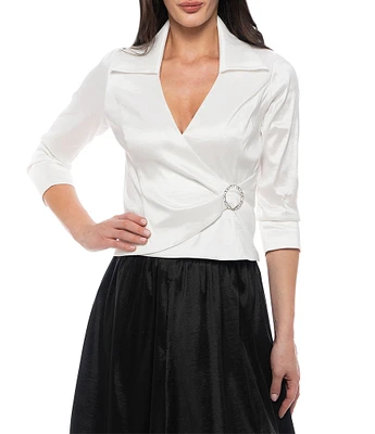 Marina Collared Stretch Taffeta V Neck 3/4 Sleeve Rhinestone Embellishment Wrap Blouse