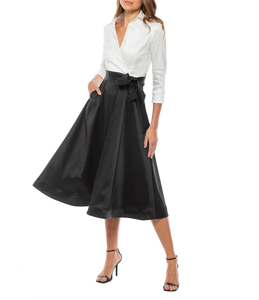 Marina Collared V Neck 3/4 Sleeve Tie Sash Taffeta Fit and Flare Midi Dress