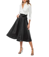 Marina Collared V Neck 3/4 Sleeve Tie Sash Taffeta Fit and Flare Midi Dress