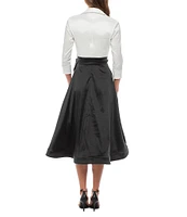 Marina Collared V Neck 3/4 Sleeve Tie Sash Taffeta Fit and Flare Midi Dress