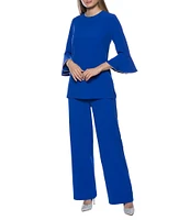 Marina Crew Neck 3/4 Bell Sleeve Rhinestone Trim 2-Piece Pant Set