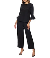 Marina Crew Neck 3/4 Bell Sleeve Rhinestone Trim 2-Piece Pant Set