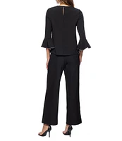 Marina Crew Neck 3/4 Bell Sleeve Rhinestone Trim 2-Piece Pant Set