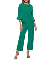 Marina Crew Neck 3/4 Bell Sleeve Rhinestone Trim 2-Piece Pant Set