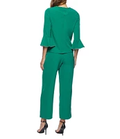 Marina Crew Neck 3/4 Bell Sleeve Rhinestone Trim 2-Piece Pant Set