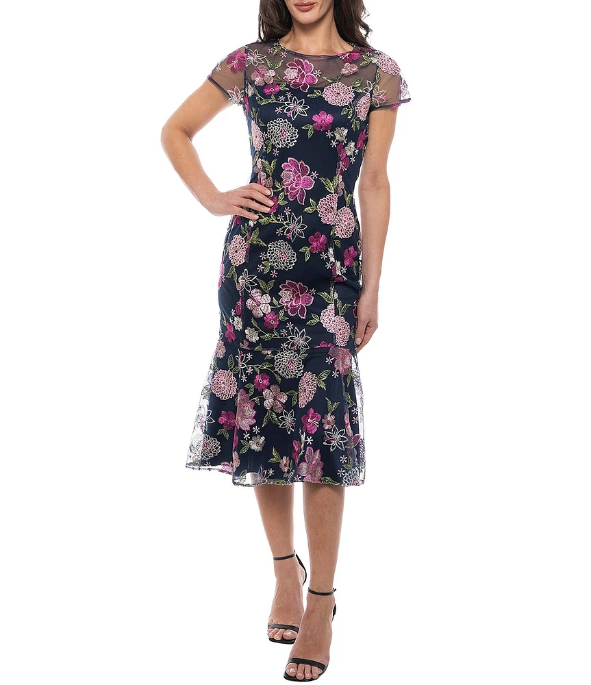 Marina Crew Neck Short Sleeve Floral Embroidered Sheath Midi Dress