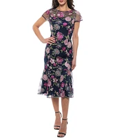 Marina Crew Neck Short Sleeve Floral Embroidered Sheath Midi Dress