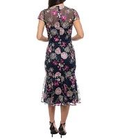 Marina Crew Neck Short Sleeve Floral Embroidered Sheath Midi Dress
