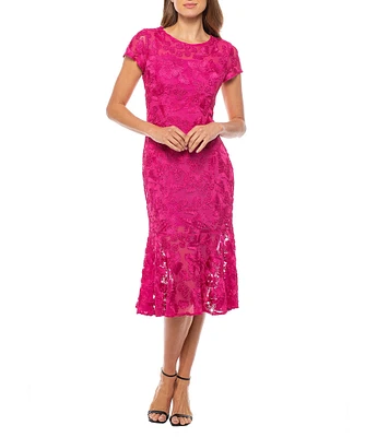 Marina Crew Neck Short Sleeve Soutache Mesh Midi Dress