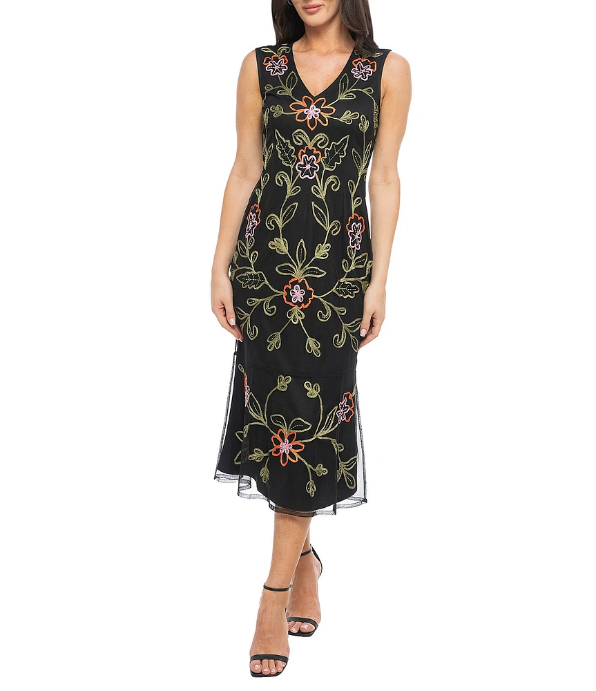Marina Floral Embroidered Soutache V-Neck Sleeveless Midi Sheath Dress