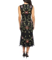 Marina Floral Embroidered Soutache V-Neck Sleeveless Midi Sheath Dress