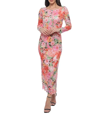 Marina Floral Lace Crew Neck Long Sleeve Mesh Embrodiery Maxi Sheath Dress