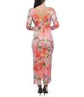 Marina Floral Lace Crew Neck Long Sleeve Mesh Embrodiery Maxi Sheath Dress