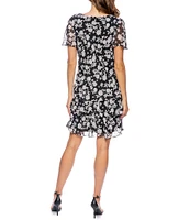 Marina Floral Print Tiered Chiffon Rhinestone Keyhole V-Neck Flutter Short Sleeve Dress