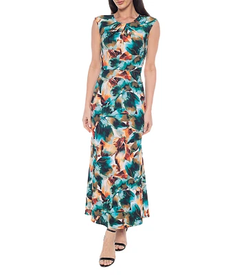 Marina Floral Printed Crew Neck Scuba Crepe Sleeveless Maxi Dress