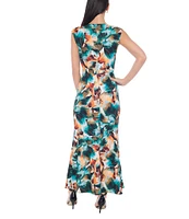 Marina Floral Printed Crew Neck Scuba Crepe Sleeveless Maxi Dress