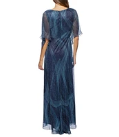 Marina Gathered V-Neck 3/4 Flutter Sleeve Metallic Mesh Gown