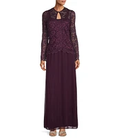 Marina Glitter Lace Long Sleeve Square Neck Matte Jersey Chiffon Skirt 2-Piece Gown