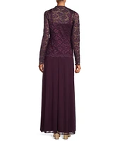 Marina Glitter Lace Long Sleeve Square Neck Matte Jersey Chiffon Skirt 2-Piece Gown