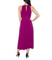 Marina Halter Neck Sleeveless Smocked Waist Pleated ITY Jersey Midi A-Line Dress