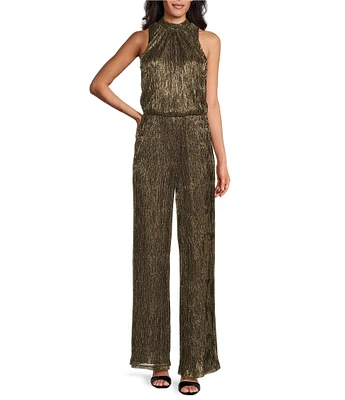 Marina Halter Neck Sleeveless Tie Back Metallic Wide Leg Jumpsuit