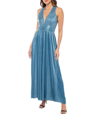 Marina Halter V-Neck Sleeveless Foil Pleated Gown