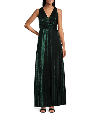 Marina Halter V-Neck Sleeveless Foil Pleated Gown