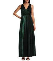 Marina Halter V-Neck Sleeveless Foil Pleated Gown