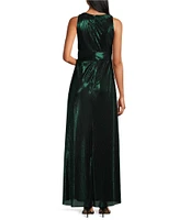 Marina Halter V-Neck Sleeveless Foil Pleated Gown