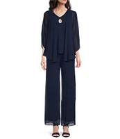 Marina Keyhole V-Neck Chiffon 3/4 Sleeve 3-Piece Pant Set