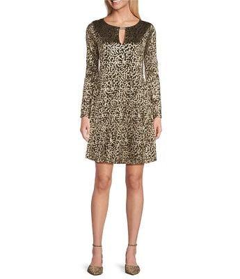 Marina Keyhole Neck Long Sleeve Metallic Printed Sheath Dress