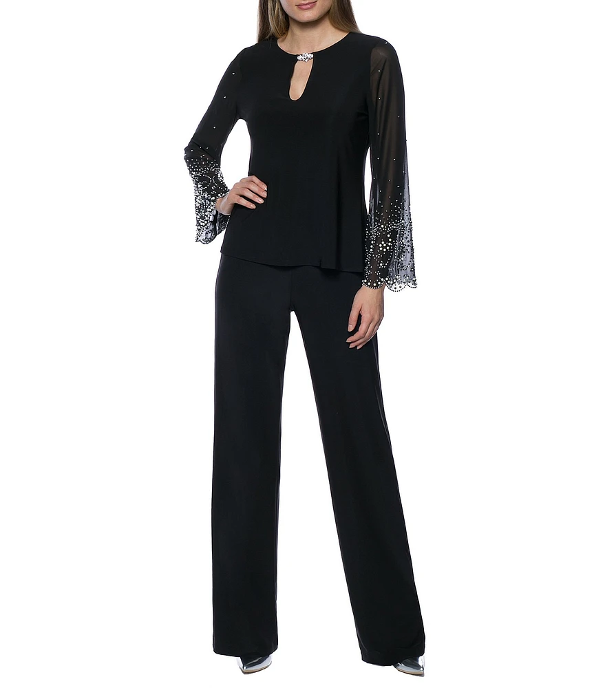 Marina Keyhole Rhinestone Neck Beaded Bell Long Sleeve Matte Jersey 2-Piece Pant Set