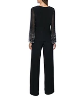 Marina Keyhole Rhinestone Neck Beaded Bell Long Sleeve Matte Jersey 2-Piece Pant Set