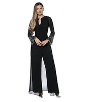 Marina Keyhole Rhinestone Neck Beaded Bell Long Sleeve Matte Jersey 2-Piece Pant Set