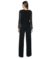 Marina Keyhole Rhinestone Neck Beaded Bell Long Sleeve Matte Jersey 2-Piece Pant Set