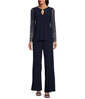 Marina Keyhole Rhinestone Neck Beaded Bell Long Sleeve Matte Jersey 2-Piece Pant Set