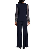 Marina Keyhole Rhinestone Neck Beaded Bell Long Sleeve Matte Jersey 2-Piece Pant Set