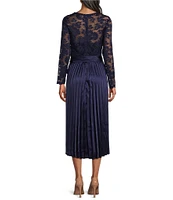 Marina Lace Bodice Surplice V-Neck Long Sleeve Pleated A-Line Midi Dress