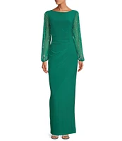 Marina Boat Neck Long Beaded Elastic Cuff Sleeve Matte Jersey Back Slit Sheath Gown