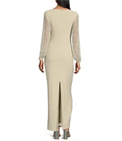 Marina Boat Neck Long Beaded Elastic Cuff Sleeve Matte Jersey Back Slit Sheath Gown